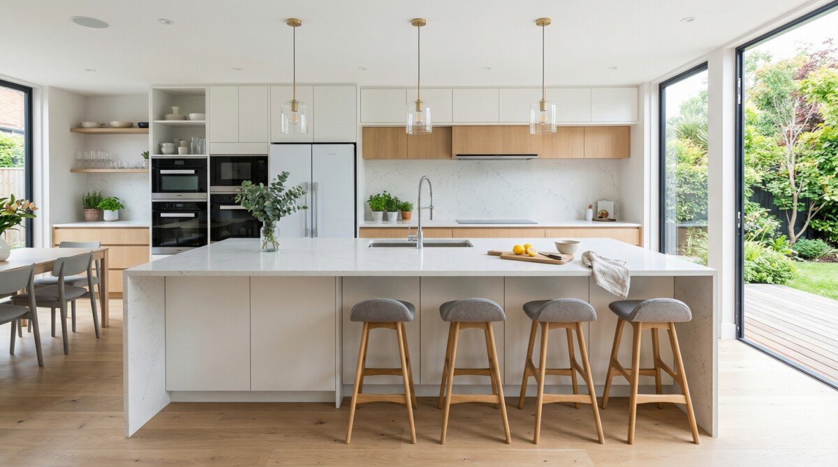 Sleek quartz countertops modern kitchen design featuring a seamless waterfall island.