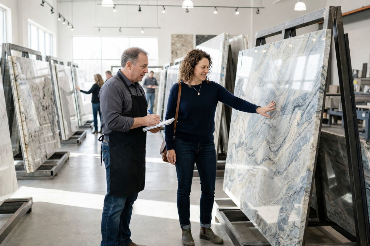 Homeowner avoiding mistakes choosing stone countertops by inspecting a full slab