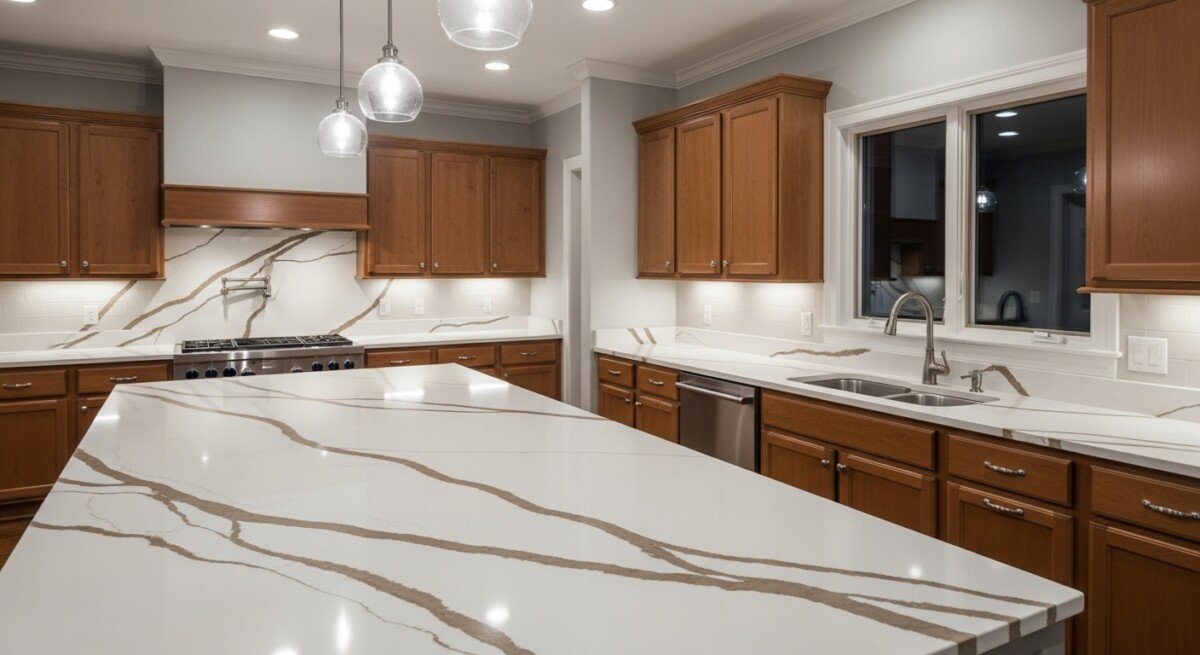 White quartz countertop with brown veins in a kitchen